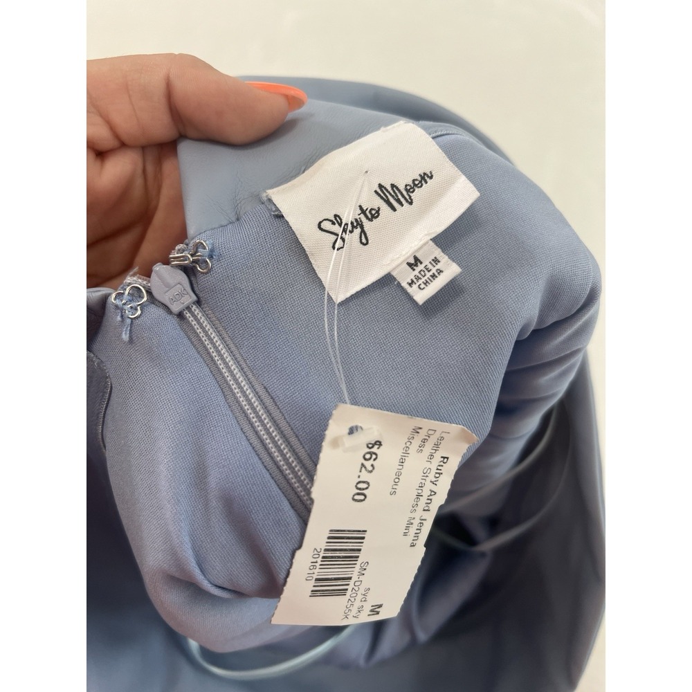 Sky To Moon Faux‎ Leather Strapless Baby Blue Zip Up Lined Mini Short Dress Sz M - Picture 3 of 8